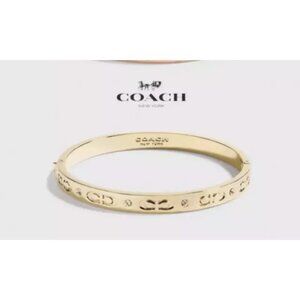 Coach Signature Hinged Gold Bangle Womens Causal Rhinestone Bracelet New